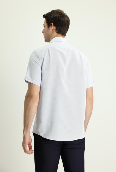 Erkek Giyim - UÇUK MAVİ M Beden Kısa Kol Regular Fit Keten Görünümlü Pamuklu Gömlek