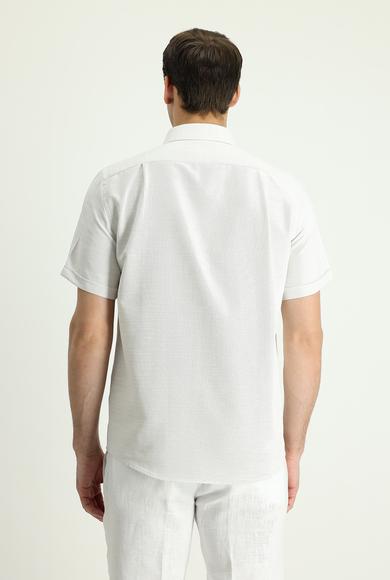 Erkek Giyim - KREM XL Beden Kısa Kol Regular Fit Keten Görünümlü Pamuklu Gömlek