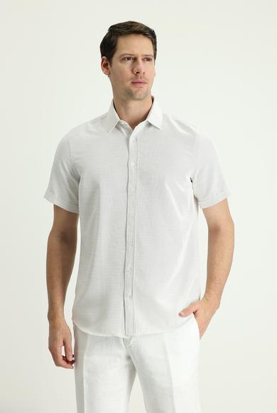 Erkek Giyim - KREM XL Beden Kısa Kol Regular Fit Keten Görünümlü Pamuklu Gömlek