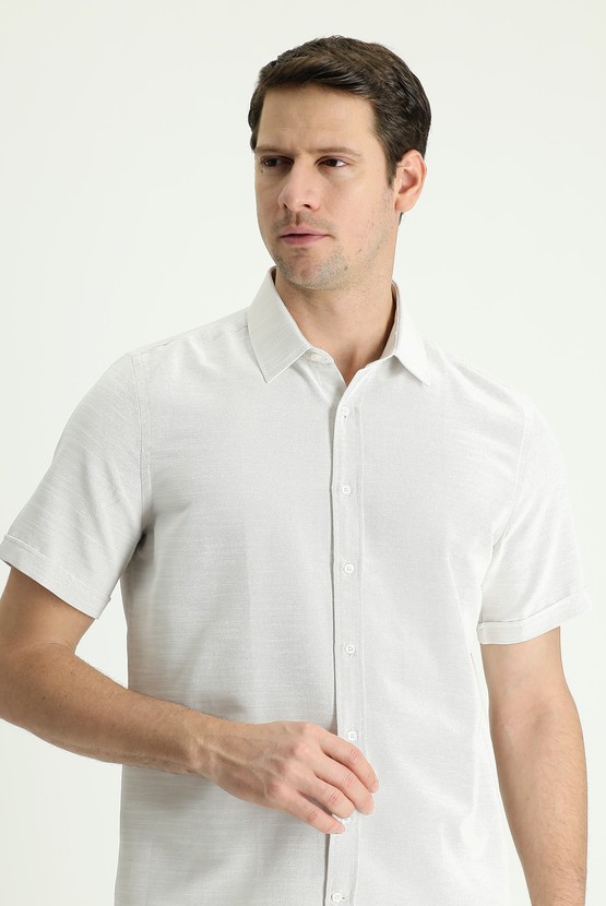 Erkek Giyim - Kısa Kol Regular Fit Keten Görünümlü Pamuklu Gömlek