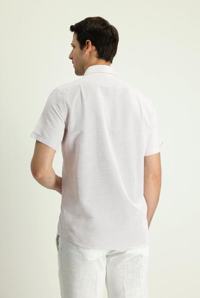 Erkek Giyim - TOZ PEMBE M Beden Kısa Kol Regular Fit Keten Görünümlü Pamuklu Gömlek