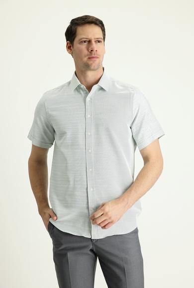 Erkek Giyim - ÇİMEN YEŞİLİ L Beden Kısa Kol Regular Fit Keten Görünümlü Pamuklu Gömlek