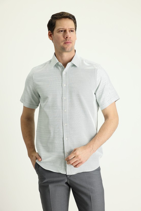 Erkek Giyim - Kısa Kol Regular Fit Keten Görünümlü Pamuklu Gömlek