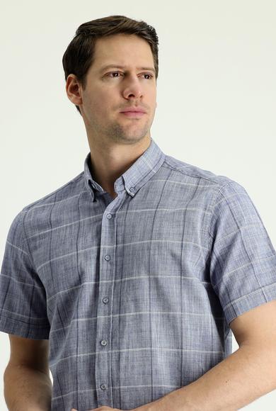 Erkek Giyim - KOYU MAVİ M Beden Kısa Kol Regular Fit Ekose Pamuklu Keten Gömlek