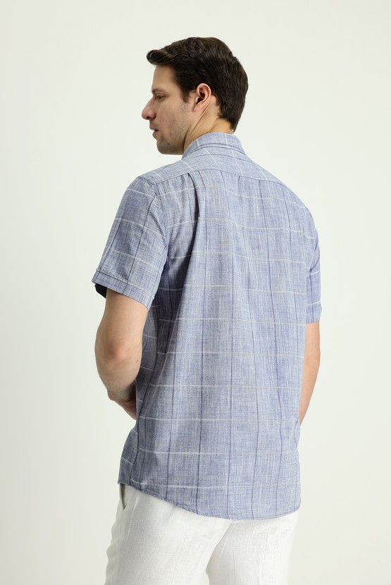 Erkek Giyim - Kısa Kol Regular Fit Ekose Pamuklu Keten Gömlek