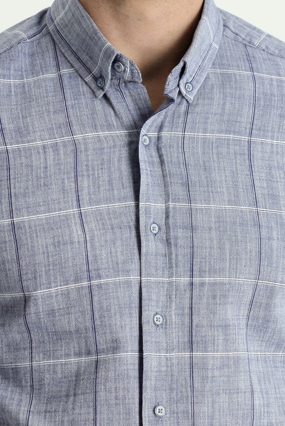 Erkek Giyim - Kısa Kol Regular Fit Ekose Pamuklu Keten Gömlek