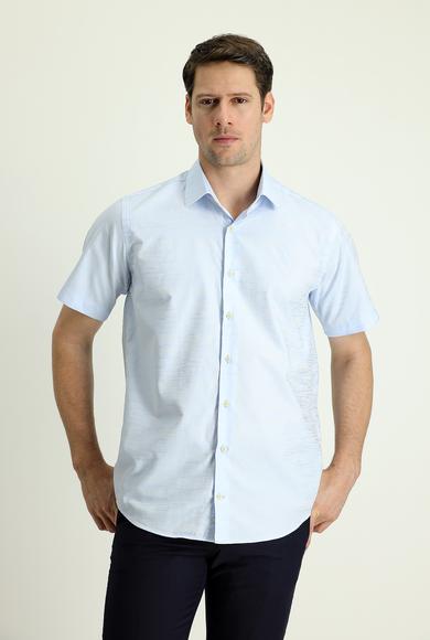 Erkek Giyim - AÇIK MAVİ M Beden Kısa Kol Regular Fit Desenli Pamuk Gömlek