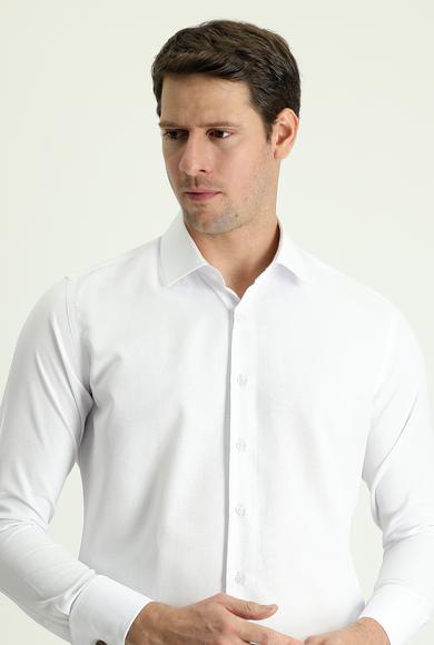 Erkek Giyim - BEYAZ M Beden Uzun Kol Slim Fit Klasik Desenli Manşetli Pamuklu Gömlek