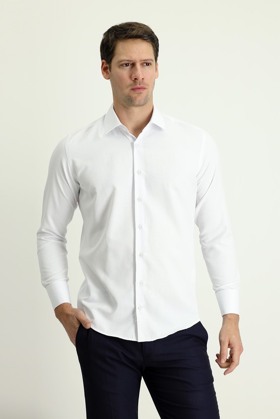 Erkek Giyim - Uzun Kol Slim Fit Dar Kesim Klasik Desenli Manşetli Pamuklu Gömlek