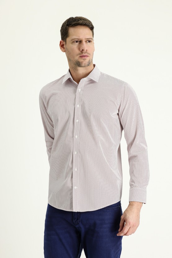 Erkek Giyim - Uzun Kol Baskılı Slim Fit Dar Kesim Pamuk Gömlek