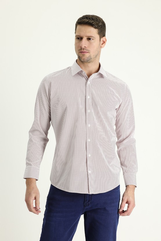Erkek Giyim - Uzun Kol Baskılı Slim Fit Dar Kesim Pamuk Gömlek