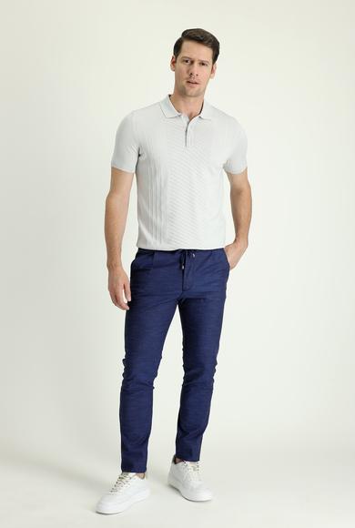 Erkek Giyim - KOYU LACİVERT 52 Beden Slim Fit Beli Lastikli İpli Desenli Likralı Pantolon