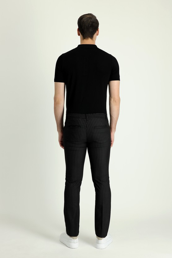 Erkek Giyim - Slim Fit Dar Kesim Beli Lastikli Çizgili Likralı Klasik Kumaş Pantolon