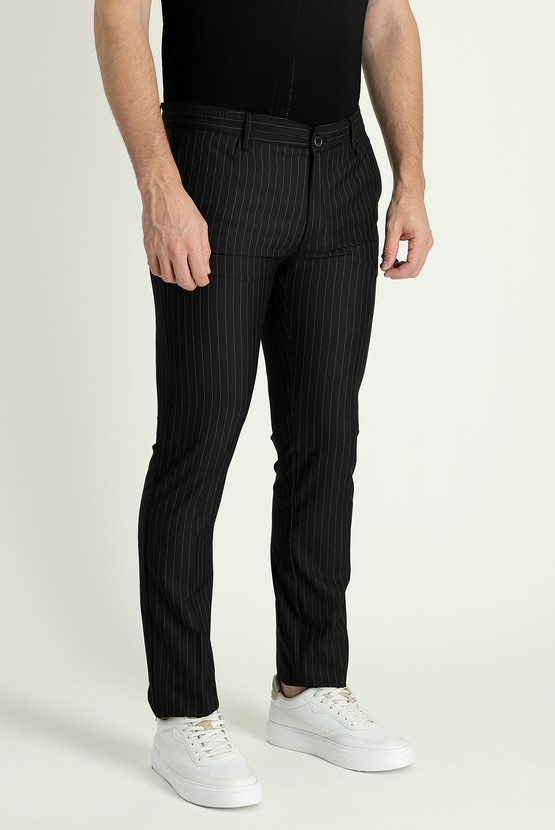 Erkek Giyim - Slim Fit Dar Kesim Beli Lastikli Çizgili Likralı Klasik Kumaş Pantolon