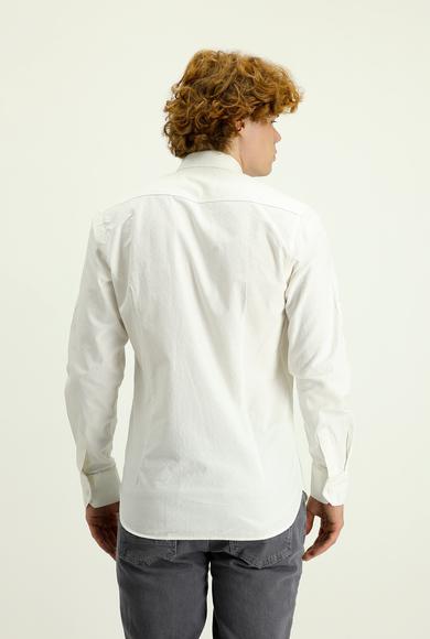 Erkek Giyim - Beyaz L Beden Uzun Kol Slim Fit Pamuk Spor Gömlek