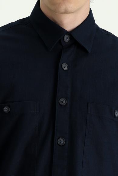 Erkek Giyim - KOYU LACİVERT M Beden Uzun Kol Cepli Oversize Pamuklu Gömlek
