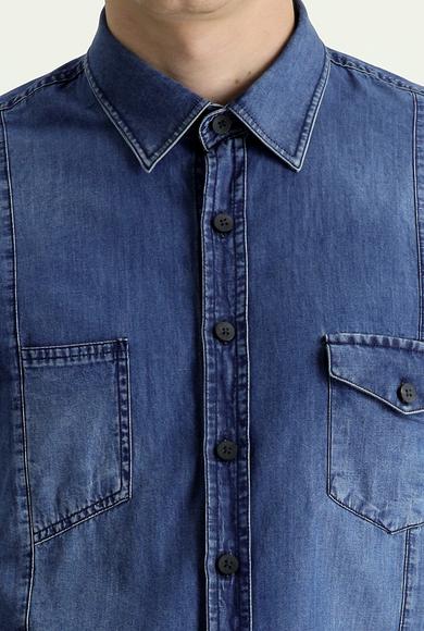 Erkek Giyim - İNDİGO XL Beden Uzun Kol Slim Fit Denim Pamuk Gömlek