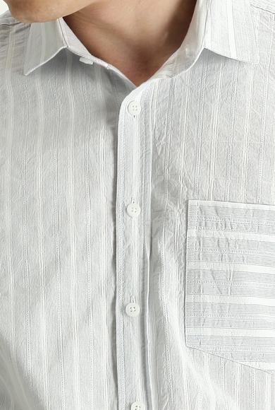 Erkek Giyim - Açık Gri M Beden Uzun Kol Slim Fit Çizgili Pamuk Spor Gömlek