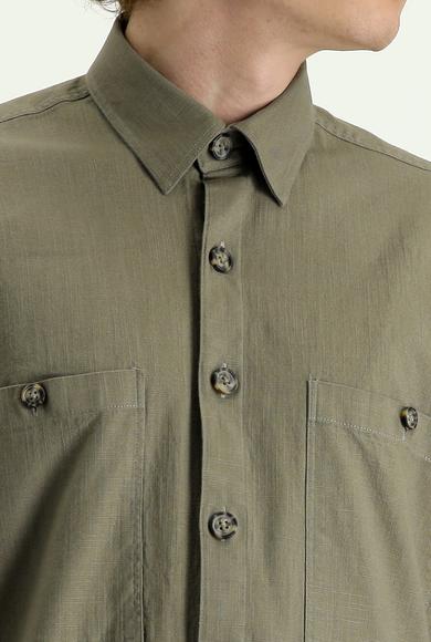 Erkek Giyim - AÇIK HAKİ XL Beden Uzun Kol Cepli Oversize Pamuklu Gömlek