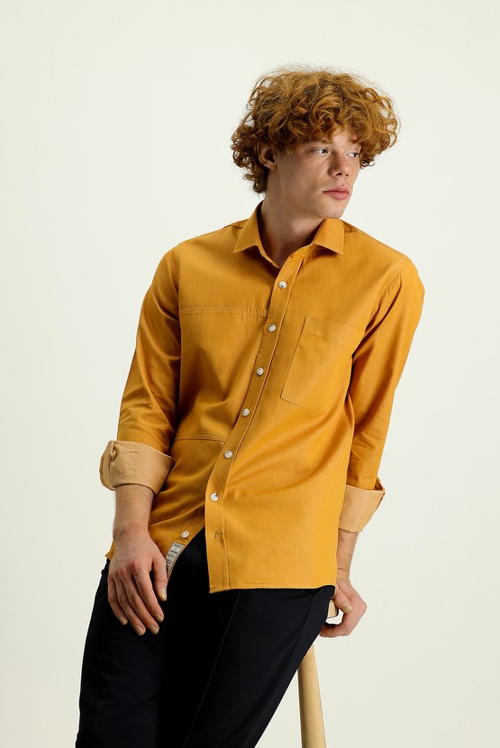 Erkek Giyim - Uzun Kol Slim Fit Denim Pamuk Gömlek