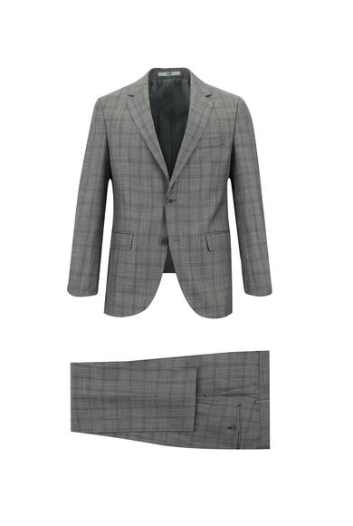 Erkek Giyim - AÇIK GRİ 50 Beden Slim Fit Ekose Takım Elbise