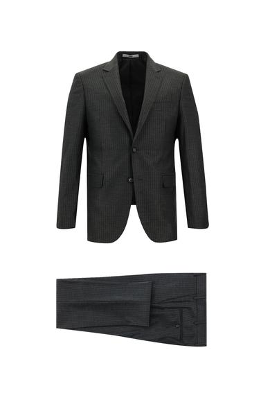 Erkek Giyim - KOYU FÜME 48 Beden Slim Fit Klasik Çizgili Takım Elbise