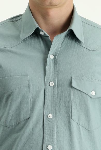 Erkek Giyim - ÇAĞLA YEŞİLİ L Beden Uzun Kol Slim Fit Pamuk Spor Gömlek
