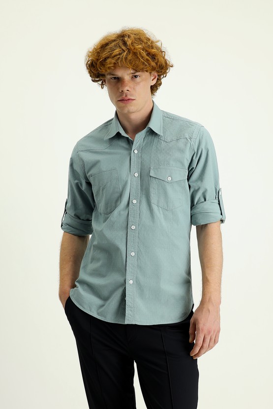 Erkek Giyim - Uzun Kol Slim Fit Pamuk Spor Gömlek