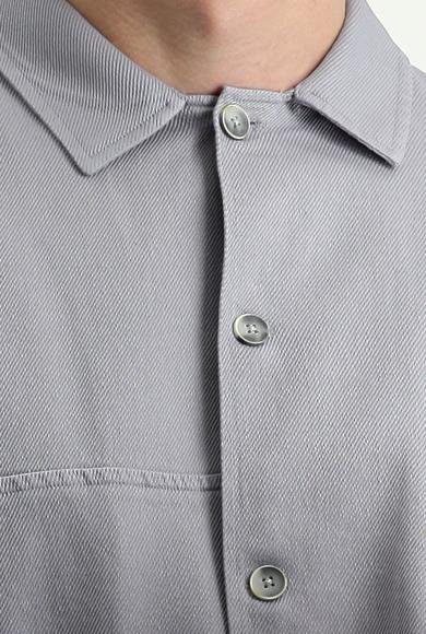 Erkek Giyim - ORTA GRİ 52 Beden Uzun Kol Cepli Oversize Pamuk Gömlek