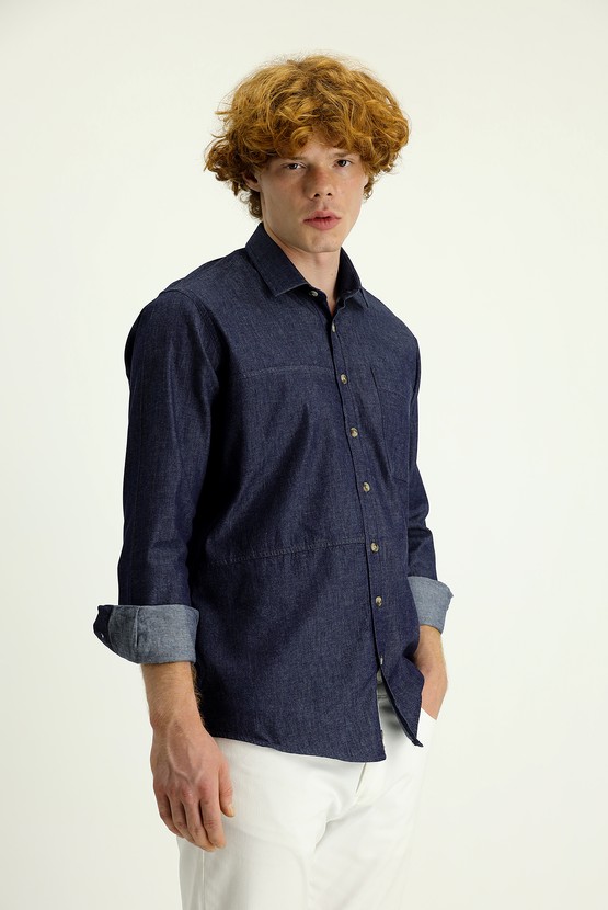 Erkek Giyim - Uzun Kol Slim Fit Denim Pamuk Gömlek