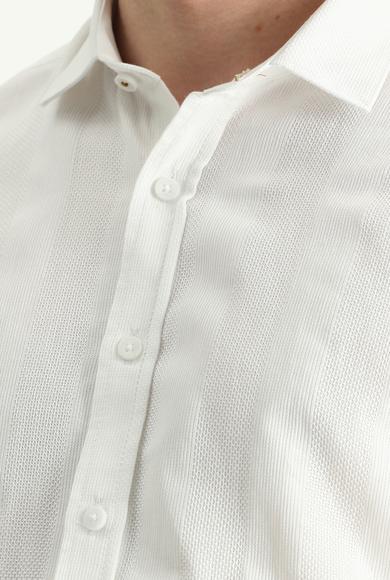 Erkek Giyim - BEYAZ L Beden Uzun Kol Slim Fit Desenli Pamuk Spor Gömlek
