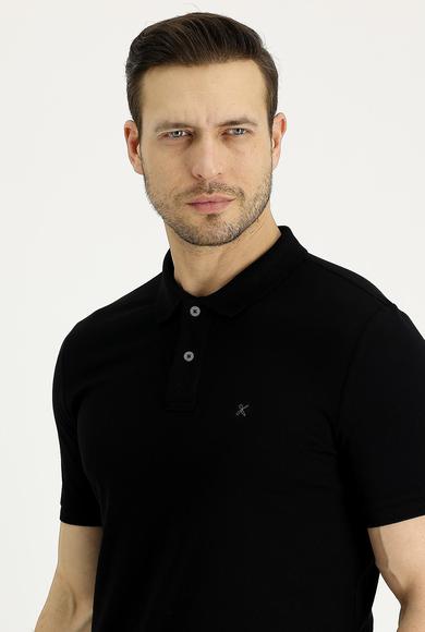 Erkek Giyim - SİYAH M Beden Polo Yaka Slim Fit Nakışlı Pamuk Tişört