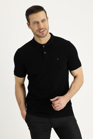 Erkek Giyim - SİYAH M Beden Polo Yaka Slim Fit Nakışlı Pamuk Tişört