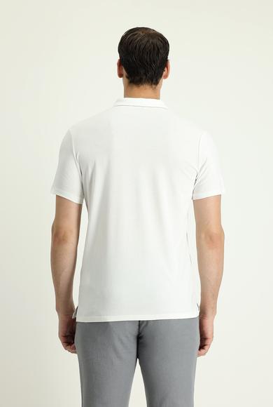 Erkek Giyim - KIRIK BEYAZ L Beden Polo Yaka Slim Fit Fermuarlı Pamuklu Tişört