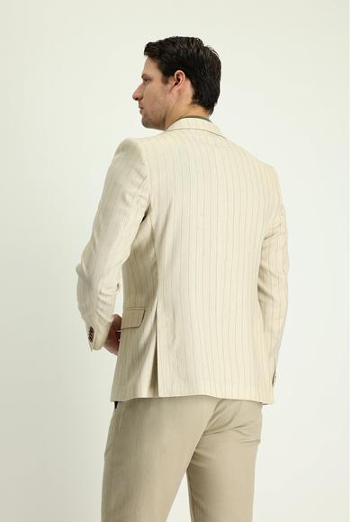 Erkek Giyim - KREM 52 Beden Slim Fit Kruvaze Çizgili Keten Ceket