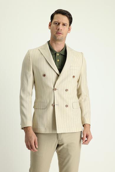 Erkek Giyim - KREM 52 Beden Slim Fit Kruvaze Çizgili Keten Ceket