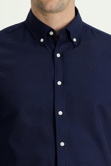 Erkek Giyim - KOYU LACİVERT M Beden Kısa Kol Regular Fit Çizgili Pamuklu Gömlek