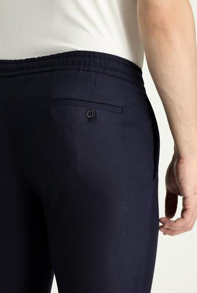 Erkek Giyim - KOYU LACİVERT 48 Beden Beli Lastikli İpli Desenli Likralı Klasik Pantolon