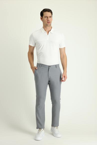 Erkek Giyim - ORTA GRİ 54 Beden Regular Fit Beli Lastikli Pamuklu Keten Kanvas / Chino Pantolon