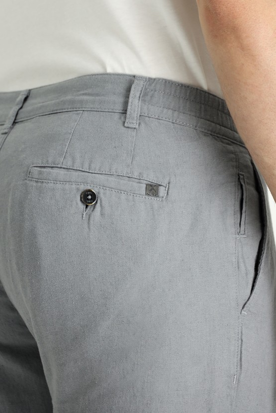 Erkek Giyim - Regular Fit Beli Lastikli Pamuklu Keten Kanvas / Chino Pantolon