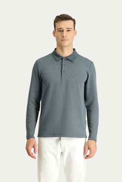 Erkek Giyim - KOYU MAVİ XXL Beden Polo Yaka Nakışlı Sweatshirt