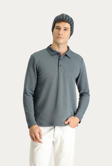 Erkek Giyim - KOYU MAVİ XXL Beden Polo Yaka Nakışlı Sweatshirt