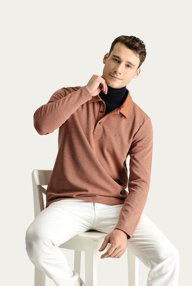 Erkek Giyim - KİREMİT XXL Beden Polo Yaka Nakışlı Sweatshirt