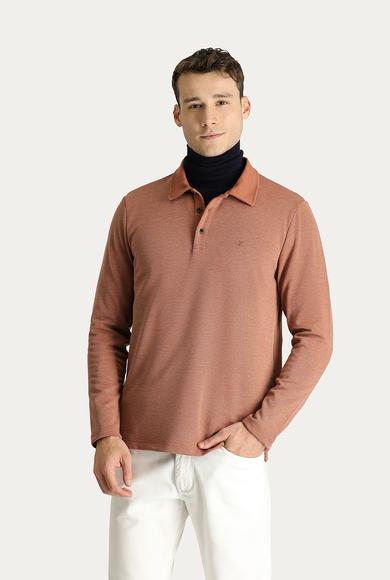Erkek Giyim - KİREMİT XXL Beden Polo Yaka Nakışlı Sweatshirt