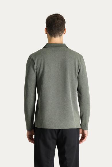 Erkek Giyim - KOYU YEŞİL L Beden Polo Yaka Nakışlı Sweatshirt