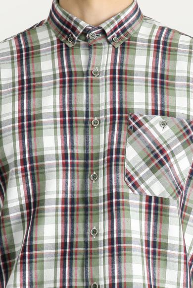 Erkek Giyim - ORTA HAKİ 4X Beden Uzun Kol Regular Fit Ekose Oduncu Pamuklu Gömlek