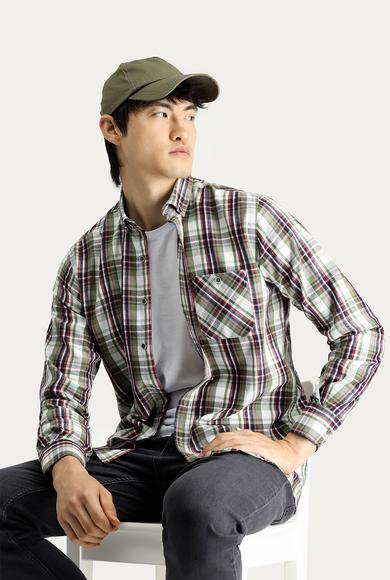 Erkek Giyim - ORTA HAKİ 4X Beden Uzun Kol Regular Fit Ekose Oduncu Pamuklu Gömlek