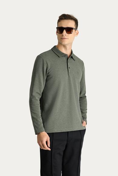 Erkek Giyim - KOYU YEŞİL L Beden Polo Yaka Nakışlı Sweatshirt