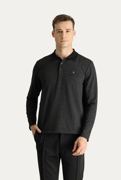 Erkek Giyim - KOYU ANTRASİT 3X Beden Polo Yaka Desenli Nakışlı Sweatshirt