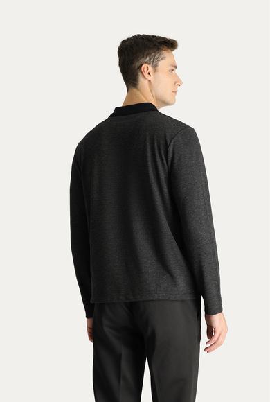 Erkek Giyim - KOYU ANTRASİT 3X Beden Polo Yaka Desenli Nakışlı Sweatshirt